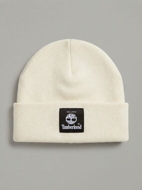 Timberland Off White Cream Knit Cuffed Beanie Hat Black Logo Patch OS